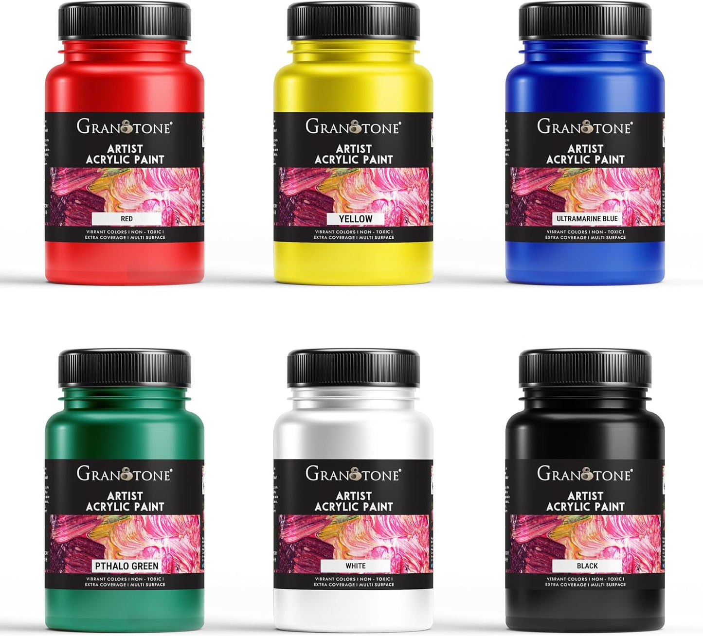 GRANOTONE Acrylic Paint Set - 6 Primary Colors, 3.5 oz Each | Non-Toxic Student Acrylics for Artists, Kids & Hobbyists | Ideal for Painting & Crafting | Vibrant & Safe Art Supplies | Made in India
