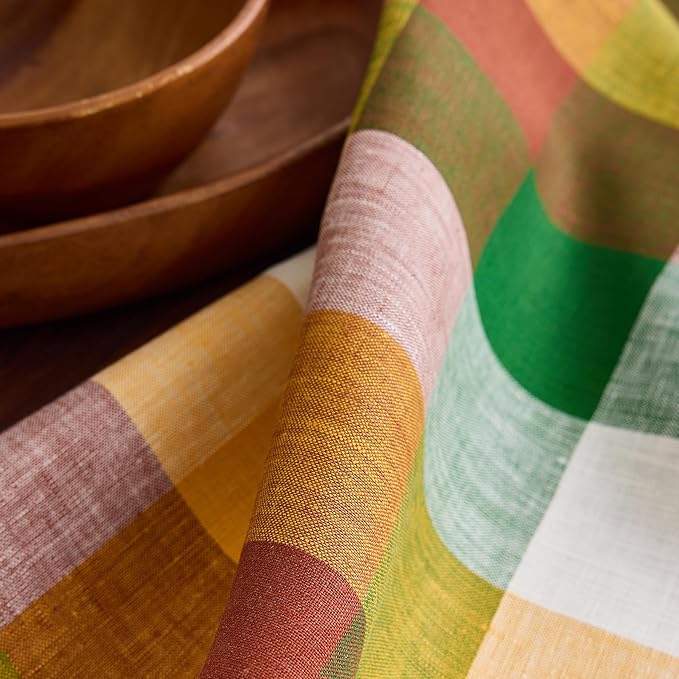 Solino Home Checkered Linen Table Runner 108 Inches Long - 100% Pure Linen Multicolor Fall Buffalo Check Table Runner 14 x 108 Inch Ideal for Dining