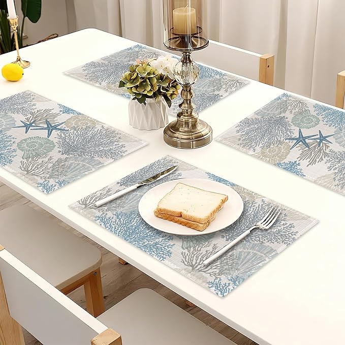 Coastal Beach Placemats Set of 6,Shell Starfish Coral Heat Resistant Table Mats Washable Place Mats for Party Kitchen Farmhouse Home Dining Holiday Decor 12x18 Inch