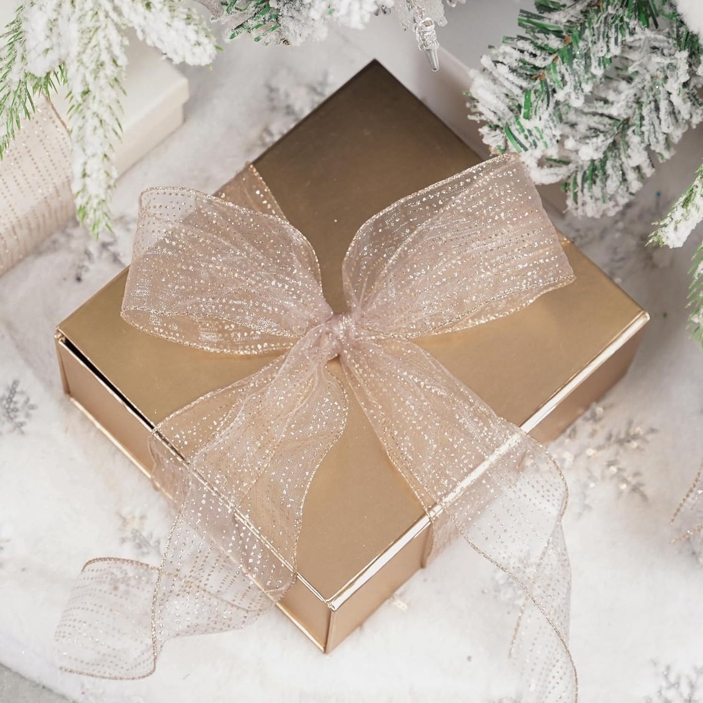 MEEDEE Rose Gold Sheer Glitter Wired Ribbon 2.5 Inch Horizontal Stripes Polka Dot Christmas Ribbon Organza Sheer Glitter 25 Yards for Christmas Tree, Wreath, Bow Making