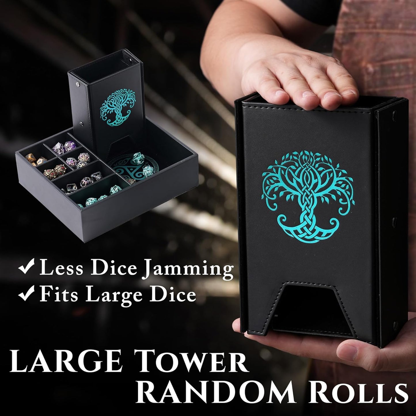 Dice Tray and Dice Tower for DND and RPG - All-in-One Game Roamer Tray & Large Tower for Random Rolls - Stores Your Sets, Mini's and More Compatible with D&D (Blue Tree)