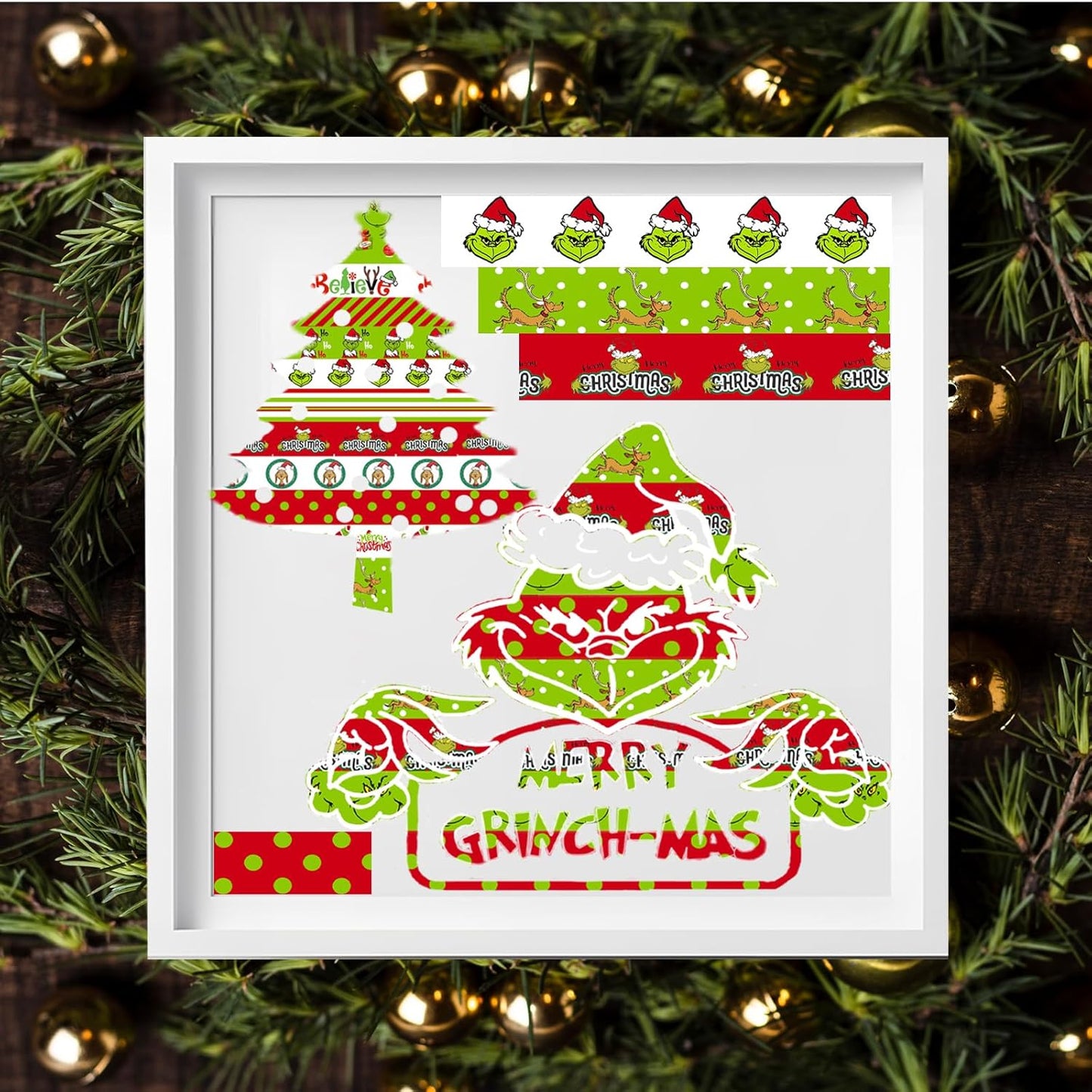 Christmas Washi Tape Set - 12 Rolls with Funny Cartoon Character Design in Green and Red for Festive Crafting and Gift Wrapping - 196.85ft Total Length