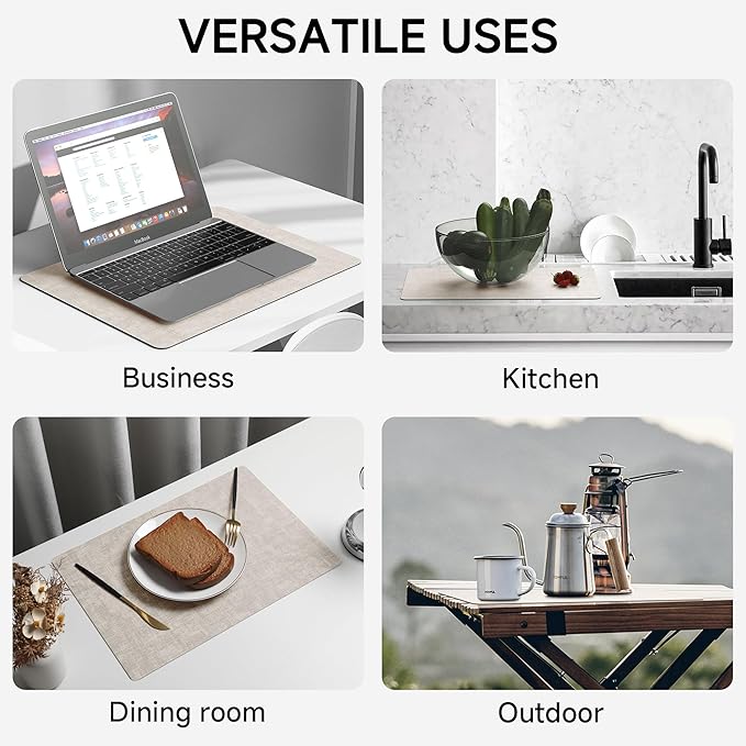Faux Leather Vinyl Placemats Set of 4 Wipeable Heat Resistant Place Mats 100% Washable - Waterproof - Anti Slip Reversible Table Mats for Kitchen/Dining/Party/Outdoor, 12" x 16.5", Beige & Black