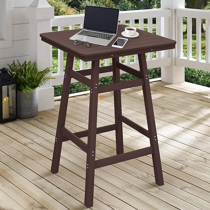 Costaelm Outdoor Bar Table, 42" Counter Height Square Patio Cocktail Bar Table with Umbrella Hole, Patio Bistro Dining Pub Table for Front Porch Deck Backyard Garden, Dark Brown