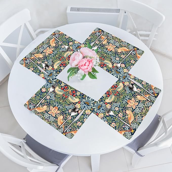 William Morris Strawberry Thief Placemats - Placemats set of 4 Faux Leather Heat Resistant for Dinner Table, Non-Slip Waterproof Oil-Proof Washable Reusable Placemat for Indoor Outdoor Kitchen