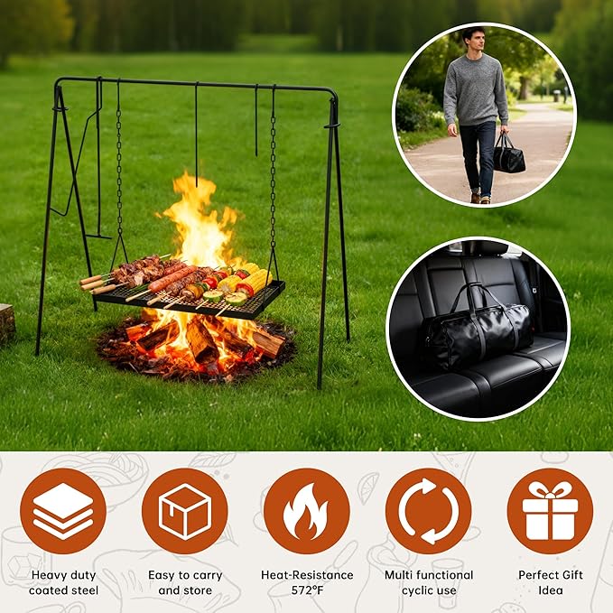 Campfire Swing Grill with Adjustable Grill Cooking Rack,Camp Fire Cooking Equipment Comes With 8 Hooks, Accessories and handbag,Portable Dutch Oven Hanger for Camping, Hiking, Cookware, Bonfire