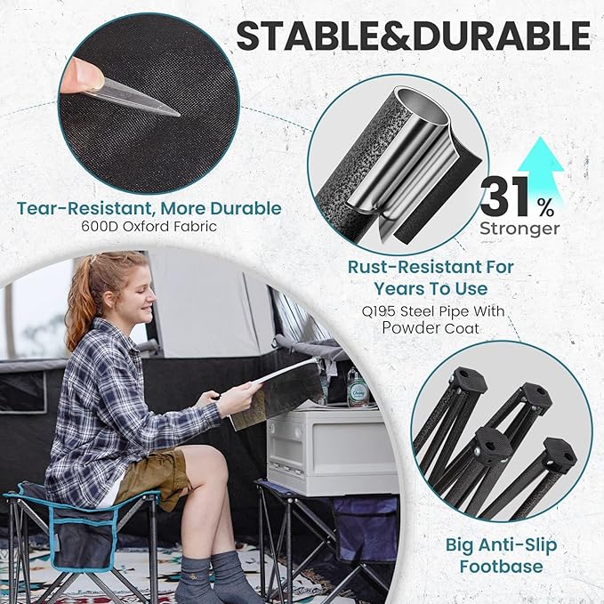 FUNDANGO Oversized Camping Stool for adults, 2 Pack Thick Padded 18.1 Inch Folding Ottoman Foot Rest, 440 Lbs Heavy Duty Outdoor Camp Chairs with Anti-Slip Foots & Carry Bag for Fishing Travel (Black)
