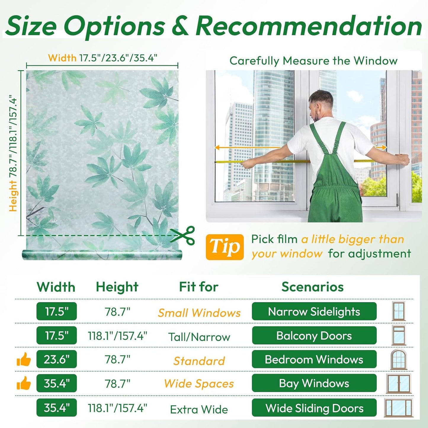 rabbitgoo Rainbow Window Privacy Film Decorative Stained Glass Diamond Pattern Window Sticker with Iridescent Tint Non-Adhesive Static Cling for Home Office Bathroom, Green Leaf 17.5 x78.7 inch