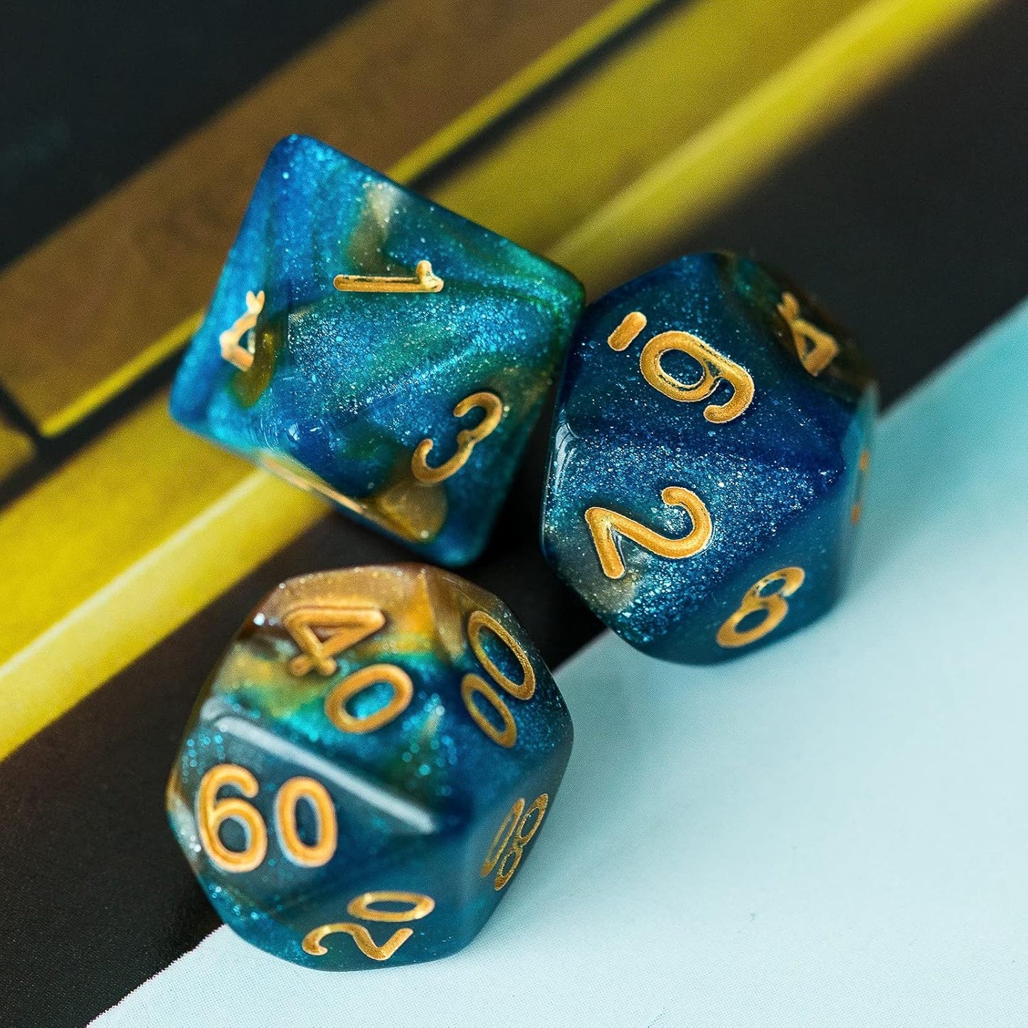 7-Die DND Dice Set Polyhedral Dice Set with a Leather Dice Bag, D&D Dice Set for Dungeons and Dragons, RPG Table Games (Blue Yellow/Glitter)
