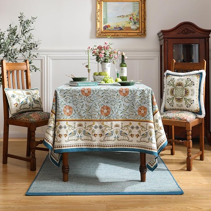 patdrea Designer French Linen Blue Tablecloth for Rectangle Table,Vintage Floral Table Cloth,Colorful Decoration Fall Cover Kitchen Dining for Thanksgiving,Tea Party,Christmas,55"x79"-Wensel
