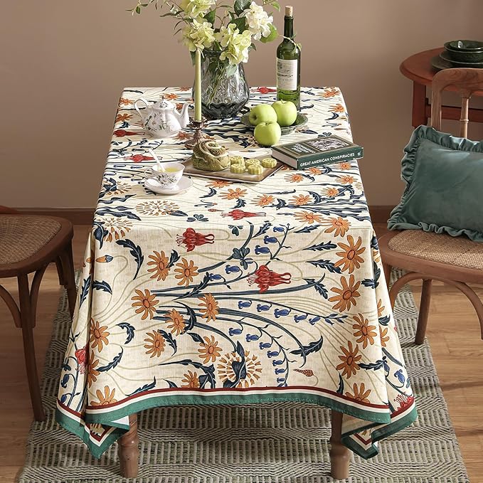 French Vintage Long Rectangular Tablecloth,Linen Tablecloth with Gold and Red Floral Pattern,Decorative Table Cover for Kitchen,Dining,Thanksgiving,Party,Living Room,63" × 102"-Tijuana