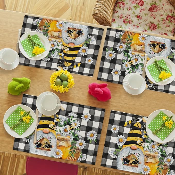 Seliem Spring Bee Gnome Daisy Placemats Set of 4, Honey Black White Buffalo Check Plaid Dining Table Place Mats, Summer Seasonal Farmhouse Kitchen Decor Home Decoration 12 x 18 Inch