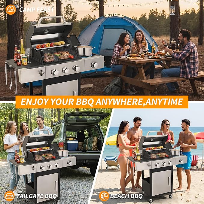 3-Burner Propane Grill - 37,230 BTU BBQ with Side Burner | Porcelain Cast Iron Grates | Stainless Steel Outdoor Grill for Backyard, Camping, Tailgating (Fast Heating & Easy Clean)