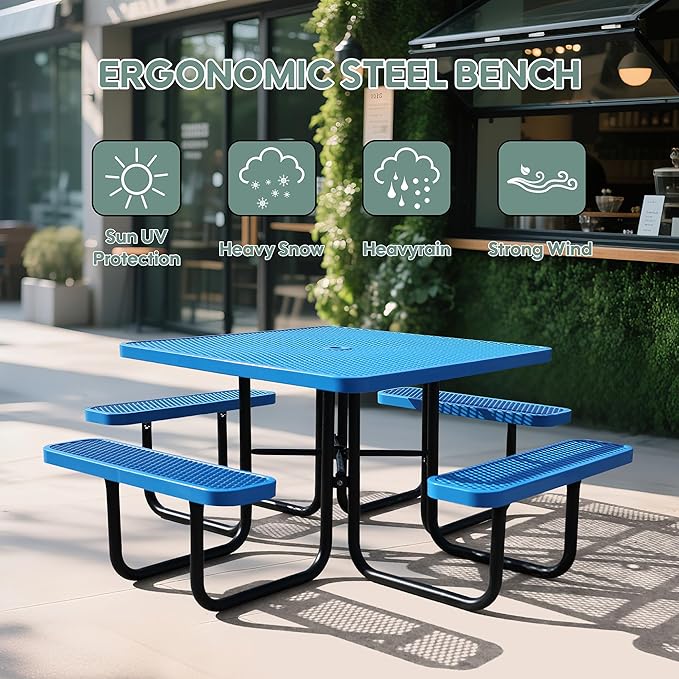 46'' Square Picnic Table for Outdoors, Commercial Steel Metal Picnic Tables, Heavy Duty Sturdy Picnic Tables Furniture Set for Patio Garden Courtyard BBQ, with Umbrella Hole, Blue