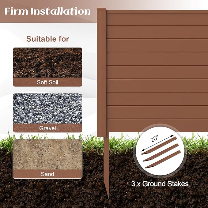 Giantex Air Conditioner Fence 4 Panels - 48''W x 36''H Outdoor Privacy Screen Trash Can Enclosure with Stakes, PVC Vinyl Freestanding Picket Fences for Garden Patio Lawn AC Unit Pool Pump, Brown