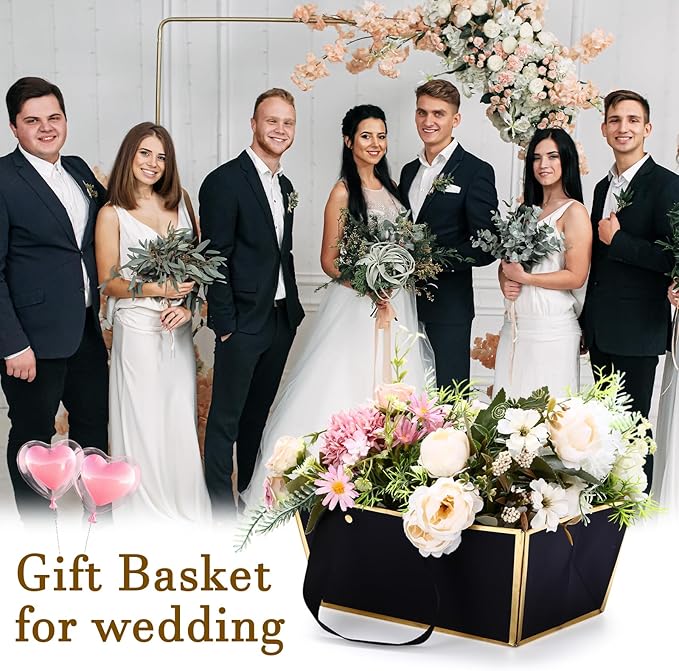 Tuanse 30 Pcs Basket for Gift Empty DIY Bulk Gift Basket Kit with Handle Kraft Cardboard Tray with 30 Bag 30 Bow Market Tray for Wedding Party(Black Gold,9.8 x 6.7 x 4.3 in)