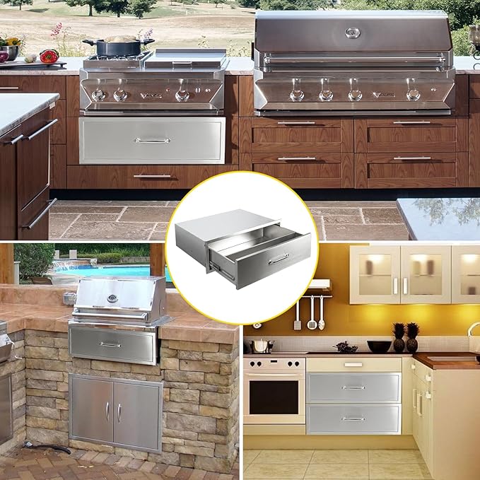 Outdoor Kitchen Drawers 30" W x 10" H x 23" D Flush Mount BBQ Single Drawers with Divider,Built-in Stainless Steel Drawer with Chrome Handle for Outdoor Kitchen Island Patio Grill Station