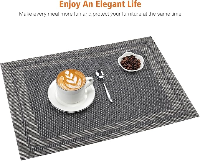 Placemats Set of 12,Washable,Heat and Stain Resistant Indoor/Outdoor Place mats,Vinyl Woven Non Slip Table Mats for Restaurant Table Protection,PVC Placemats(Black Gold,12PCS)