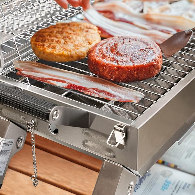 Stainless Steel Portable Grill with Two Handles and Travel Locks, Tabletop Propane Gas Grill with Folding Legs, 10000 BTU, for Picnic Cookout, GT2001, Silver