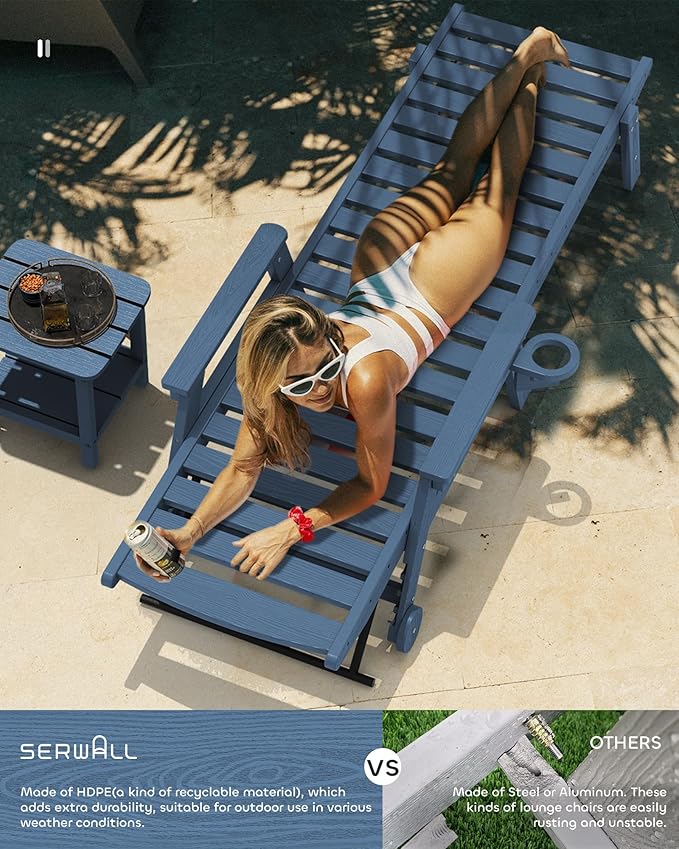SERWALL Patio Chaise Lounge Chair Set of 6, 5 Positions Adjustable Poly Outdoor Lounger for Pool, HDPE Lounge Chair with Rolling Wheels & Cup Holder for Poolside, Deck, Blue