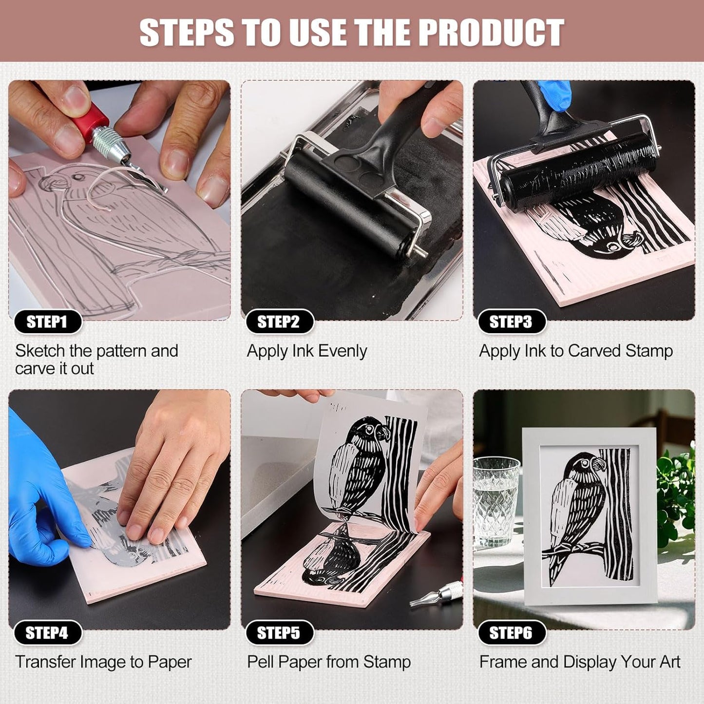 Linoleum Blocks for Printmaking, Stamp Carving Linocut Kit, Linocut Tools Block Screen Printing Kit with Cutters Carving Tools, Linocut Block, Printing Ink, Brayer Roller, Baren for Beginners DIY Gift