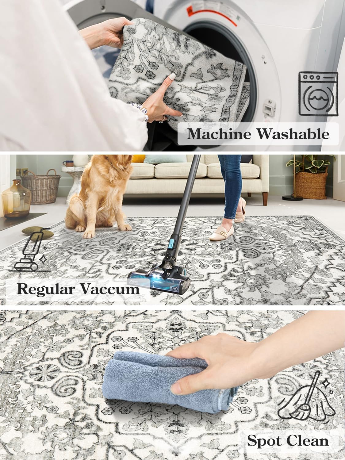 Lahome Bohemian Washable Round Rug, Large Round Rugs 6ft Non Slip Circle Rugs for Living Room, Soft Non Slip Non Shedding Printed Indoor Carpet for Dining Bedroom Kitchen Office, Beige