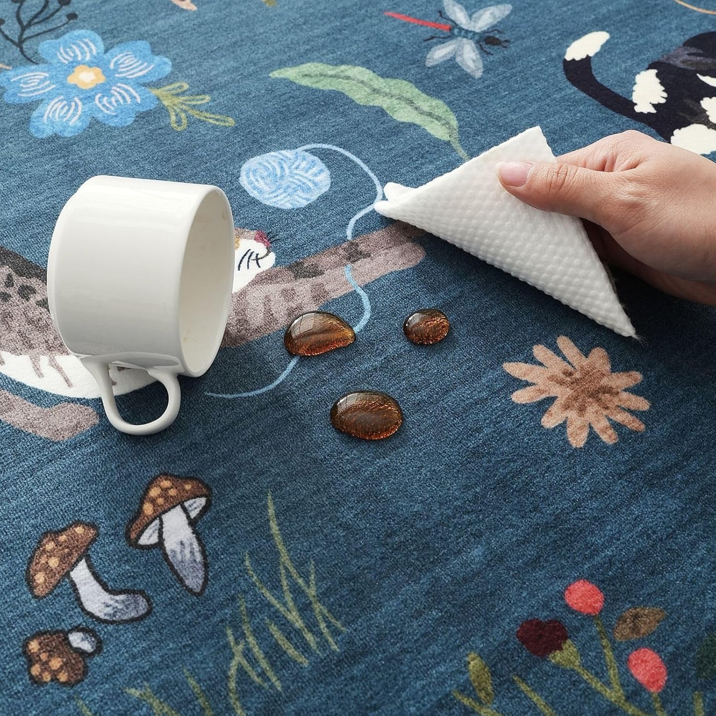 Rugcomf Runner Rug for Kitchen Non Slip 2'6''x8' Washable Rugs with Rubber Backing Soft Floral Animal Cat Carpet Runner for Kitchen Laundry Bedroom Bathroom, Pearl Gentian Blue