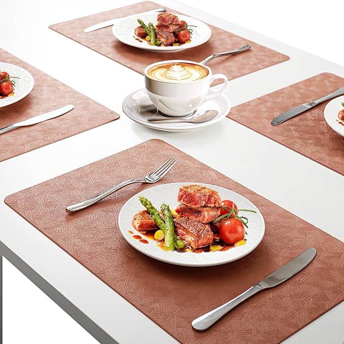 Vinyl Placemats Set of 4 Faux Leather 100% Waterproof Wipeable Washable Place Mats Heat Resistant Easy Clean Non-Slip Table Mats for Indoor Outdoor. (4, Coral)