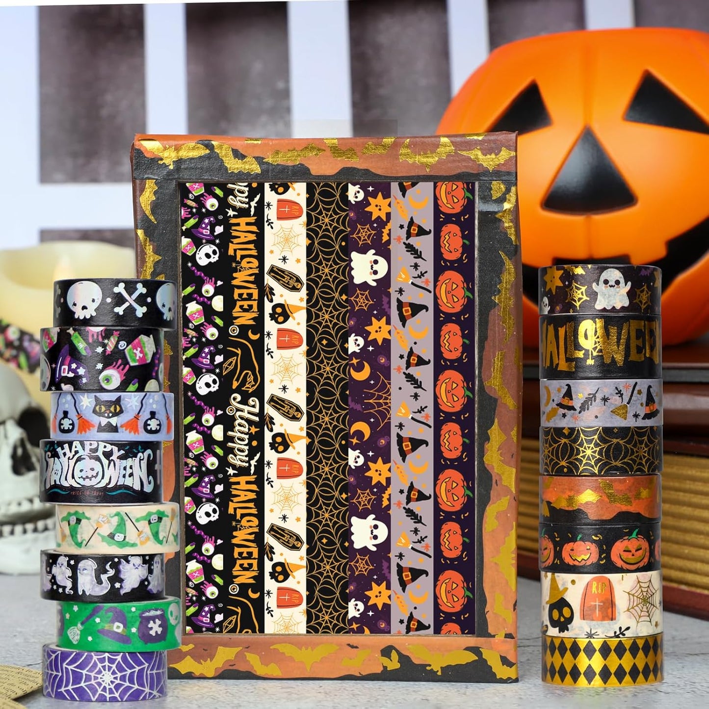 16 Rolls Halloween Washi Tape Holiday Masking Tape Stickers Glod Foil Decorative Tape for Scrapbook Journal DIY Craft Gift Wrapping(Halloween
