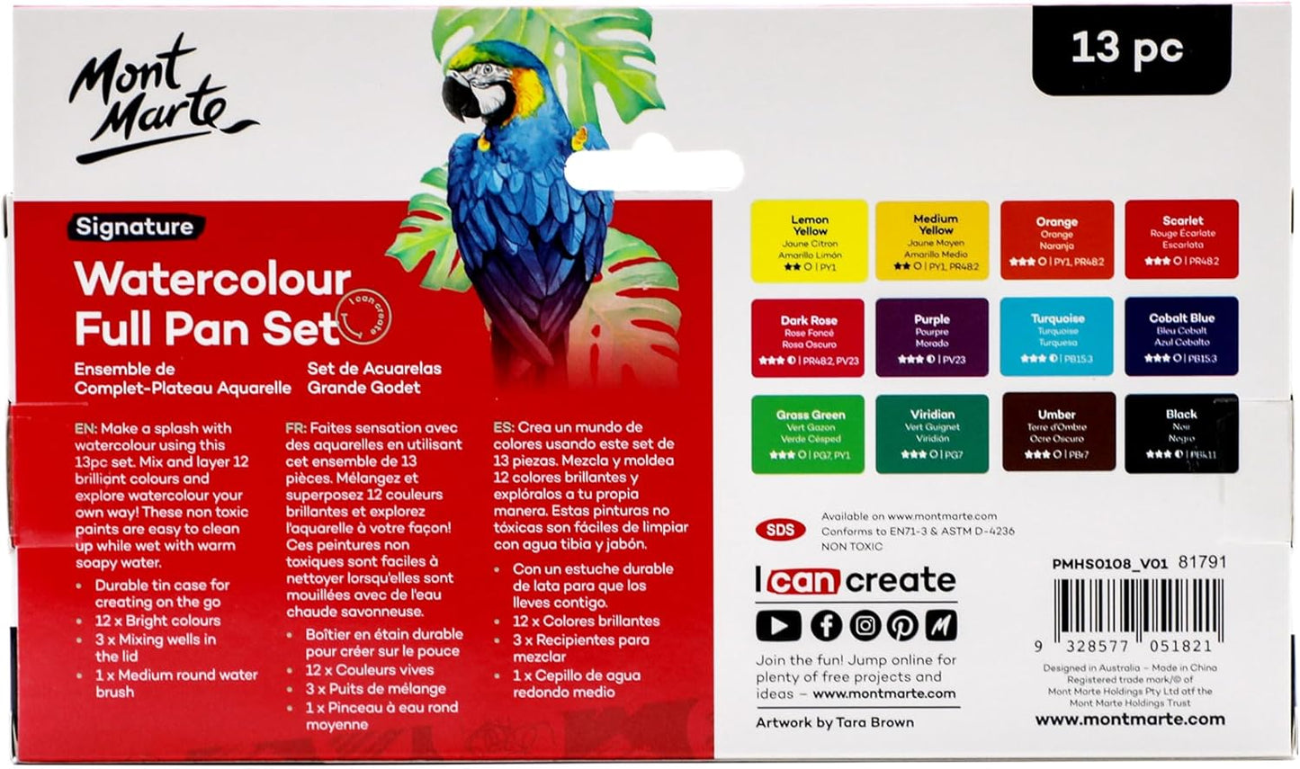 Mont Marte Watercolor Set Full Pan Signature 13pc in Tin, Vibrant, Multi-Color with Translucent Finish, Portable Watercolor Set