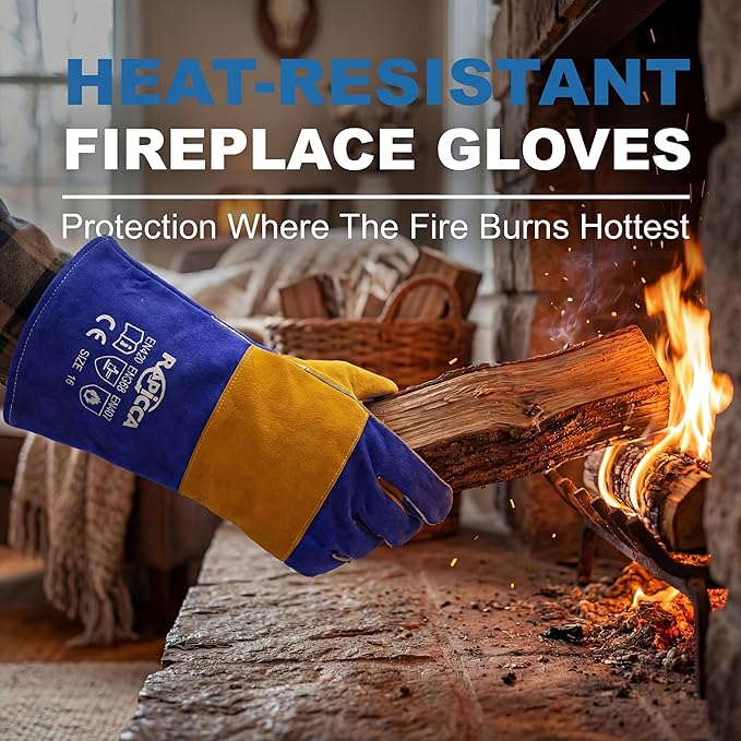 RAPICCA Welding Gloves Fire Heat Resistant: Blue 16IN 932℉ - Fireproof Leather For Stick Mig Flux-Core Welder Forge Blacksmith Fireplace Wood Stove Fire Pit Grill Oven Furnace Handling Dry Ice