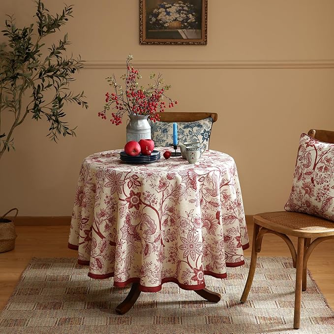 ISAENNE Designer French Linen Round Tablecloth,Red Floral Washable Indoor Table Cloth,Durable Home Decor Tablecloths for Dining Thanksgiving Kitchen Party Christmas,Diameter 67"-Ruyi A