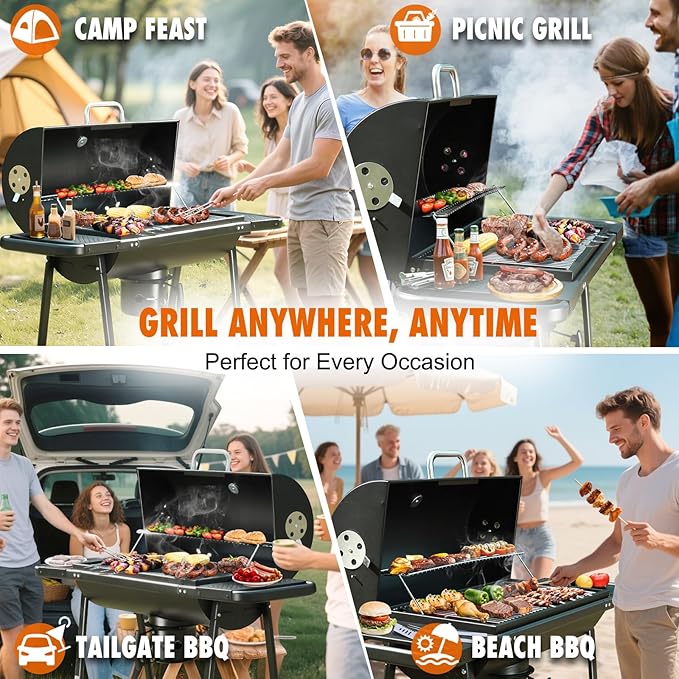 Charcoal BBQ Outdoor Grills: Spacious Barbecue Barrel Grill with Side Tables - Premium Charcoal BBQs for Patio Cooking Backyard Grilling Tailgating Camping Picnic Party