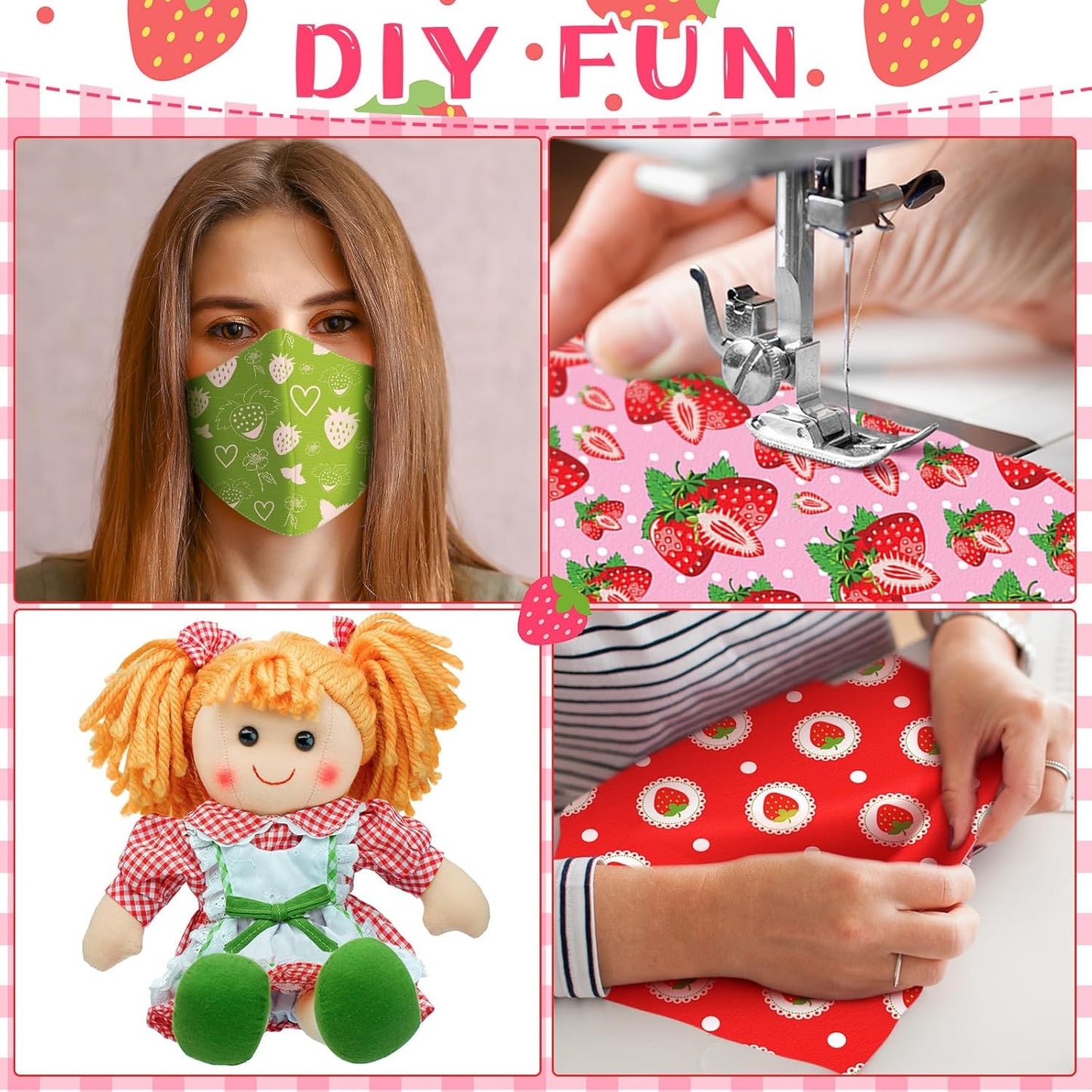 Ganeen 60 Pcs 10 x 10 Inch Strawberry Quilting Fabric Squares Multicolor Strawberry Printed Fabric Bundles Summer Fat Patchwork Precut Stripes for Summer Holiday Handmade Material Sewing DIY Crafts