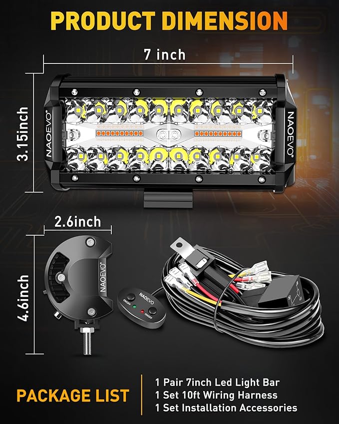 NAOEVO 7 Inch Light Bar, 240W 24,000LM Offroad Fog/Driving Lights LED Pods with 2 Leads Wiring Harness, Spot Flood Combo LED Work Lights for Truck Boat UTV ATV, 2-Pack (White/Amber/White&Amber)