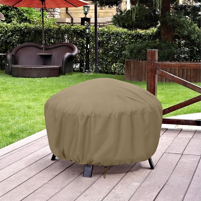 SunPatio Outdoor Round Fire Pit Cover 32 inch, Heavy Duty Waterproof Fire Pit Bowl Cover with Drawstring, All Weather Protection, 32" Dia x 14" H, Taupe