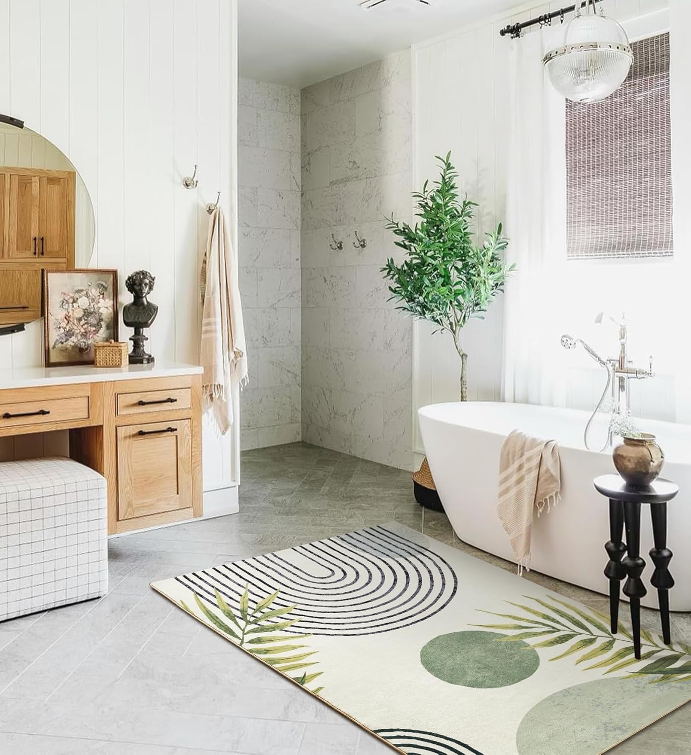 RoomTalks Boho Green Cute Bathroom Rugs Bath Mat Non Slip Washable, Modern Abstract Geometric Shape with Tropical Leaves 2x3 Small Area Rug for Bedroom Kitchen Entryway Indoor Doormat Stain Resistant