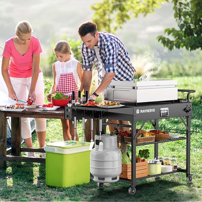 Outdoor Grill Cart, 440lbs Outdoor Grill Table, 31x17 inch Blackstone Griddle Stand, Portable Folding Cart with Wheels, 2-Tier Storage Rack & Side Storage Box (Black)