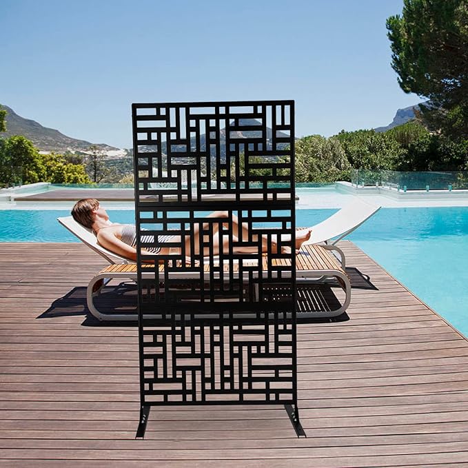 Privacy Screen, 35.4" W x 74.4" H Metal Outdoor Decorative Privacy Screen Outdoor Freestanding Divider with Stand Black for Patio Garden Balcony Backyard