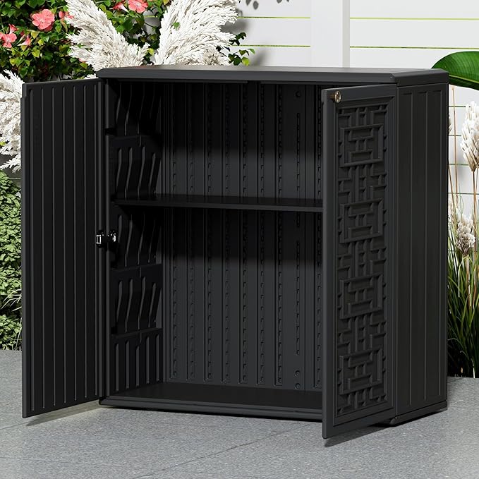 Indoor Outdoor Storage Cabinet Waterproof with Shelf,Plastic Storage Sheds Outdoor Cabinets for Patio/Garden/Backyard, Size 34.3''L*15''W*36.2''H(Black)