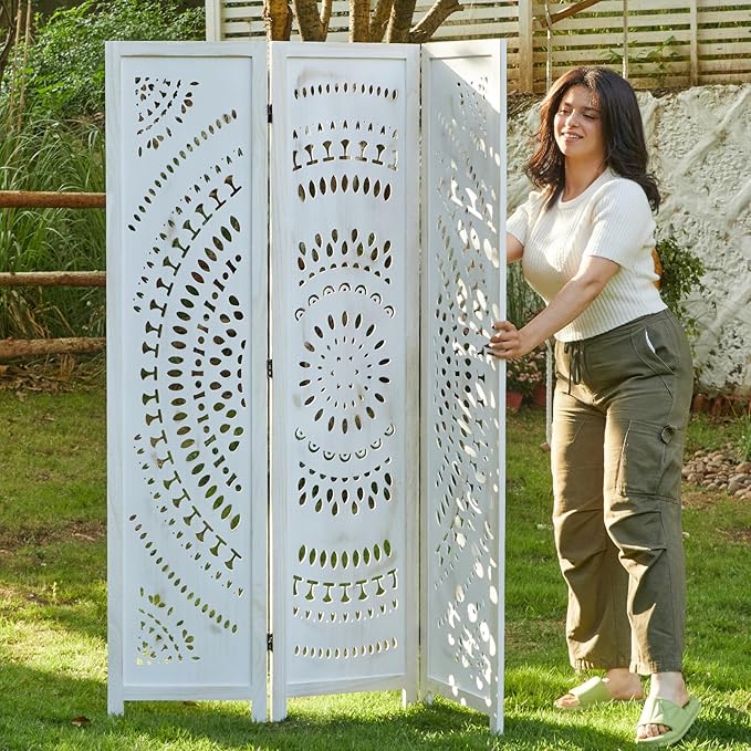 Room Divider Wood Carved Wall Divider Indoor Folding Bohemian Style Portable Partition Screen for Home Office Garden Terrace - 3 Panels (Antique, White-Washed)