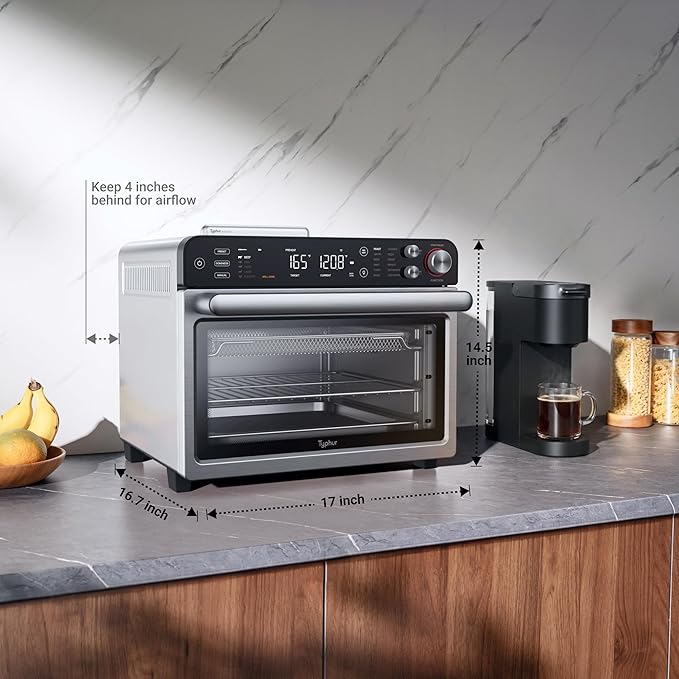 Typhur Sync Oven with Smart Wireless Meat Thermometer Probe, 12โinโ1 Countertop Air Fryer Toaster Oven Combo, 360ยฐ Turbo Convection, Dehydrator, Recipes & 5 Accessories, Large 27QT, Stainless Steel