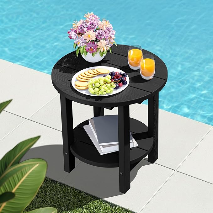 SERWALL Round Outdoor Side Table Set of 2, HDPE Small Adirondack Double End Table, Black