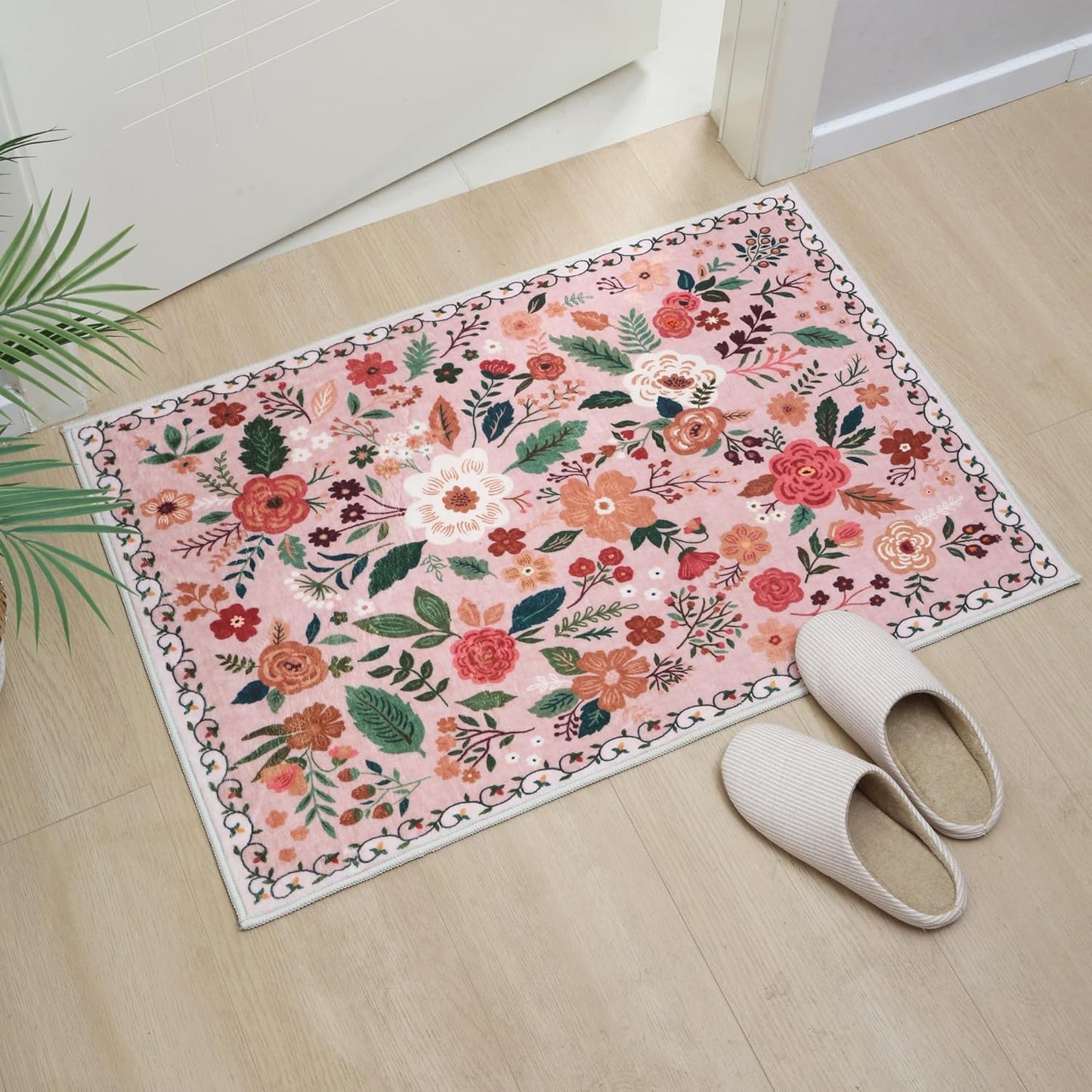 Rugcomf Door Mat Indoor Entrance 2x3 Rug Machine Washable Boho Floral Small Area Rug Non-Slip Low Pile Throw Rugs for Entryway, Kitchen, Front Door Indoor Entrance, Entry, Kids Room (Pink)