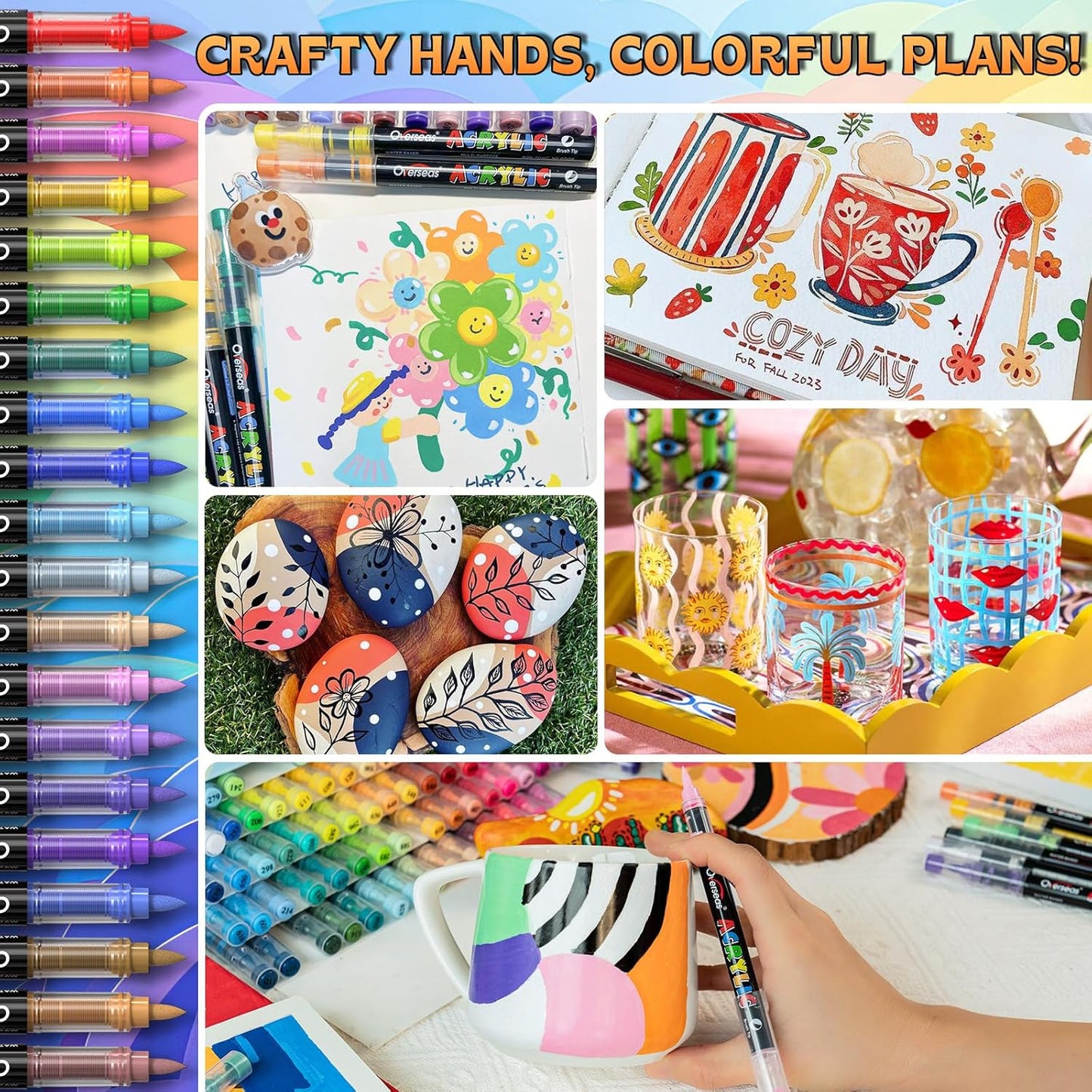 Overseas Acrylic Paint Markers 60 Colors, Brush Tip Paint Pens with Automatic Ink Control System, Quick Drying Liquid Ink Acrylic Marker for Rock, Wood, Canvas, Glass, Fabric, Metal, Plastic, Rubber