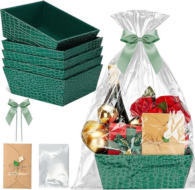 Wonderjune 20 Pcs Valentines Day Gift Baskets Empty To Fill Baskets For Gifts Empty With Gift Bag Bow Valentines Gifts Storage Basket Bulk for Wedding Party Wrapping(Green)