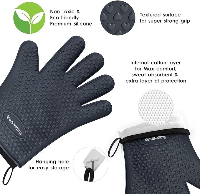 KITCHEN PERFECTION S Silicone Smoker Oven Gloves -Extreme Heat Resistant BBQ Gloves -Handle Hot Food Right on Your Grill Fryer Pit|Waterproof Oven Mitts |Superior Value Set+3 Bonuses