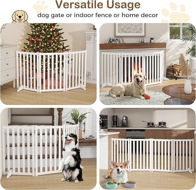 30" Height Tall Freestanding Pet Gate, Solid Wood Folding Safety Fence Wooden Dog Gate with 2 PCs Support Feet Ideal for Stairs, Doorways, Halls, Kitchens, Heavy Duty Gates, 4 Panels, White