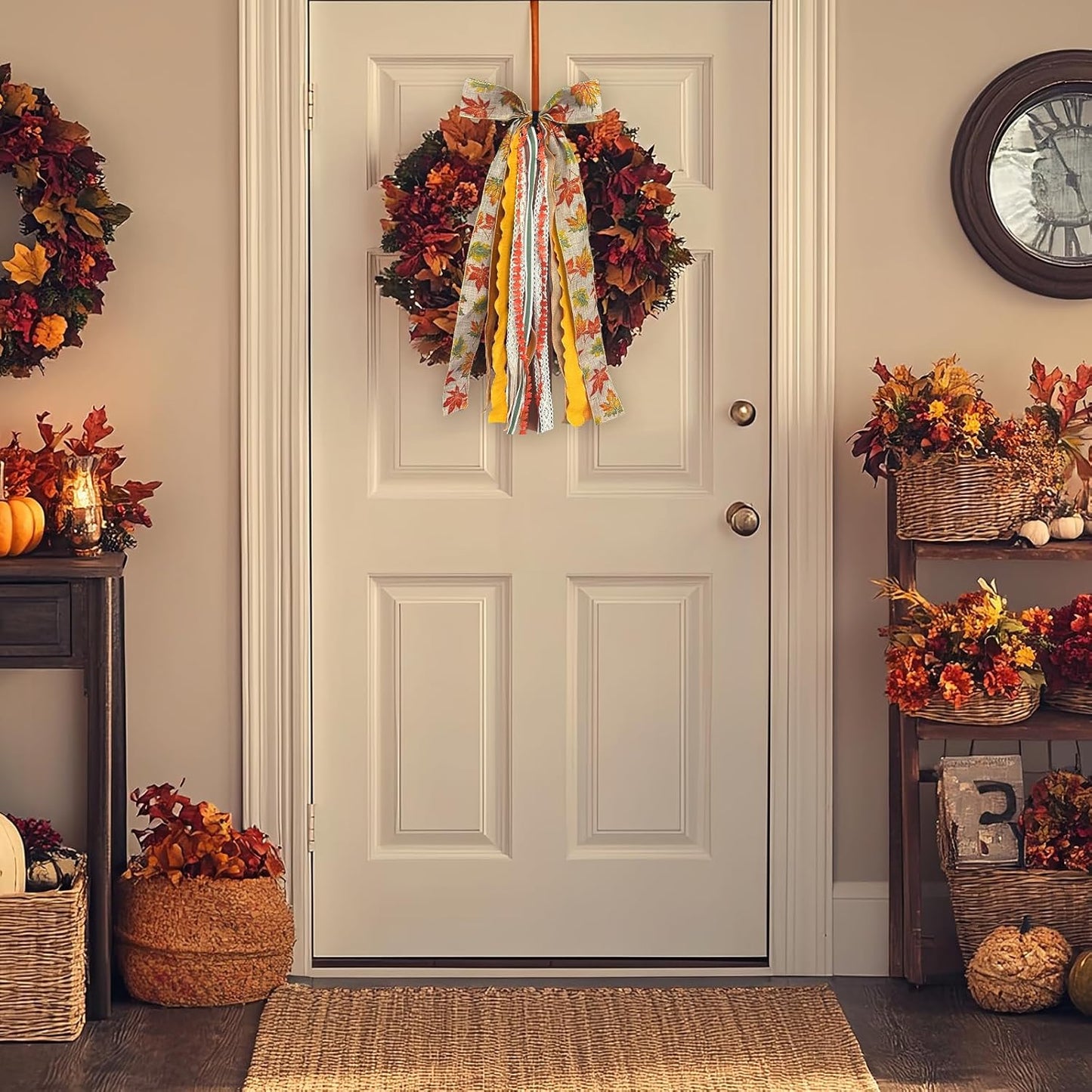 Large Fall Ribbon Bow for Wreath, Orange Maple Leaves Fabric Ribbons Set Assorted Lace Ribbon Fall Clip-On Wreath Sash Ribbons Bundle for Thanksgiving Indoor Outdoor Decor