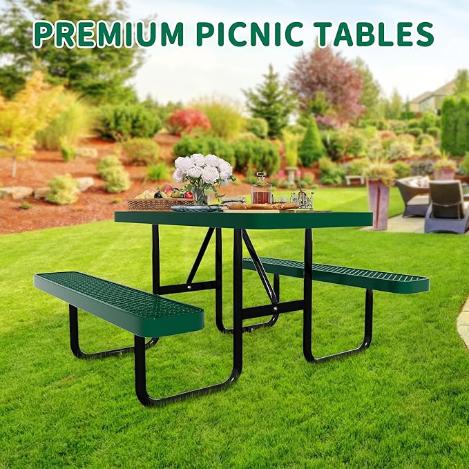 4FT Rectangular Metal Picnic Table for Outdoors, Commercial Steel Metal Picnic Tables, Heavy Duty Sturdy Picnic Tables Furniture Set for Patio Garden Courtyard BBQ, With Umbrella Hole, Green